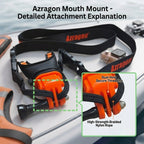 Detailed attachment explanation of the Azragon™ action camera mouth mount, showing the dual-hole secure threading design with high-strength braided nylon rope for reliable surf photography security.