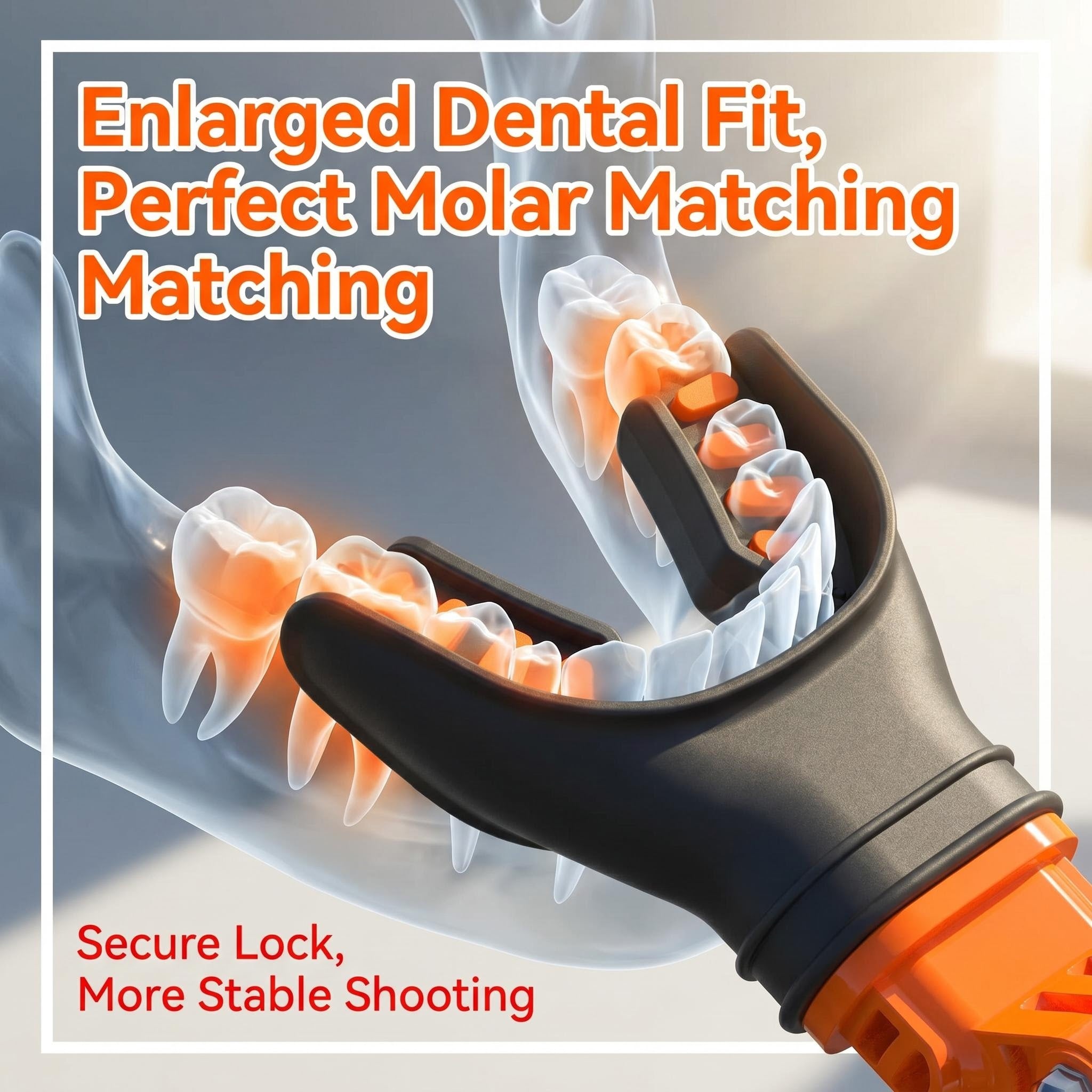 3D dental alignment diagram of the Azragon™ action camera mouth mount showing an enlarged dental fit and perfect molar matching with a secure lock for more stable shooting.