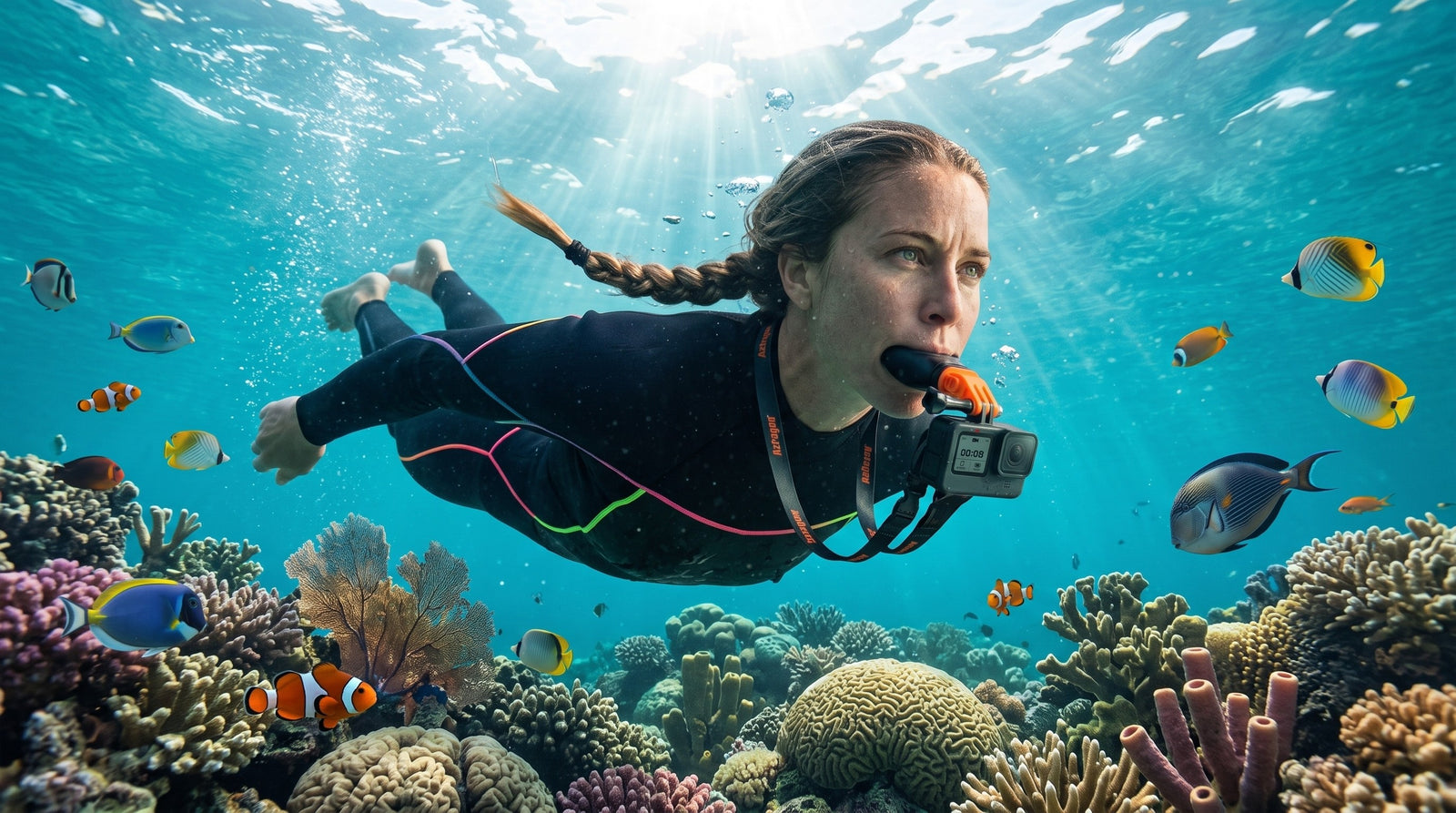 A woman underwater wearing a black wetsuit with neon pink and green trim, holding a camera attached to a snorkel mask, swimming over a colorful coral reef with tropical fish.