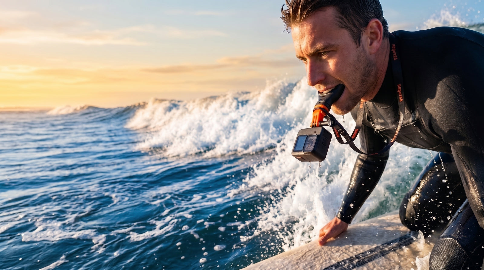 A man in a black wetsuit crouches on a surfboard in the ocean at sunset, holding a small action camera mounted on a strap around his mouth.